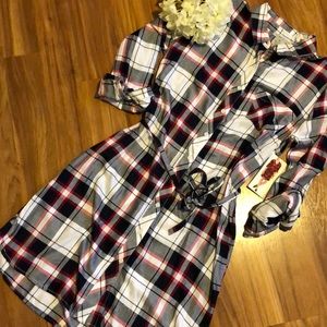 Plaid Button Down Shirt Dress Red Black White